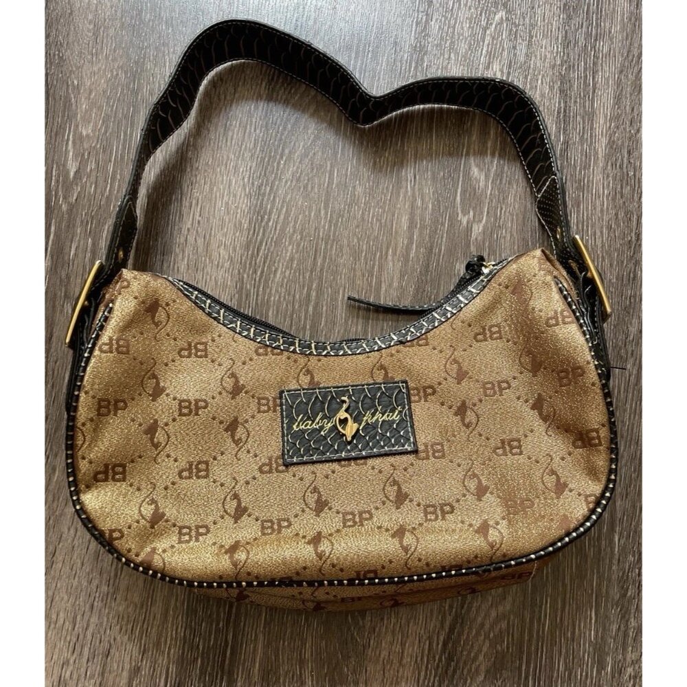 Vintage Baby Phat Snake Skin Shoulder Hand Bag Gold Black White Stones NWT RARE